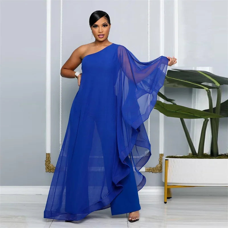 Elegant Chiffon One Shoulder Wide Leg Jumpsuit Women Club Party Birthday Outfits One Pieces Rompers Overalls Combinaison Femme