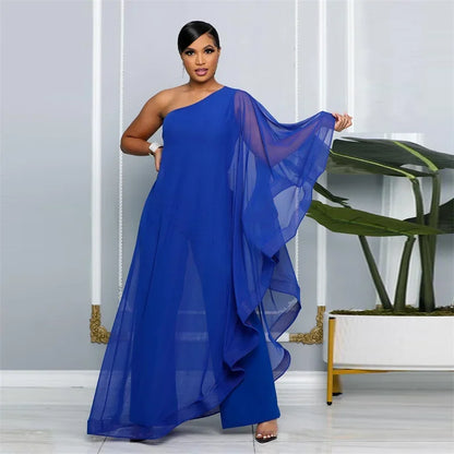 Elegant Chiffon One Shoulder Wide Leg Jumpsuit Women Club Party Birthday Outfits One Pieces Rompers Overalls Combinaison Femme