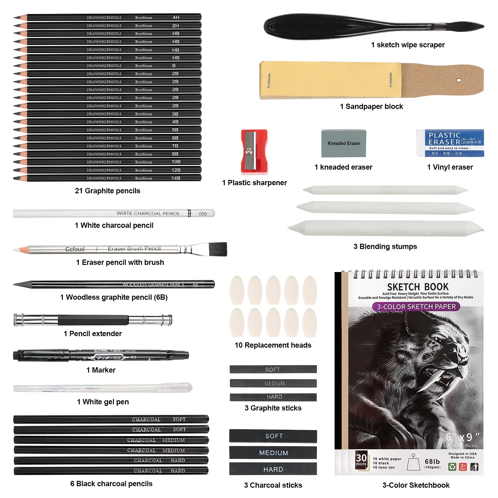 20/54/58/70/144 Drawing And Sketching Kit | Portable Travel Case | Graphite, Charcoal, White Color | Featuring Blending Stump