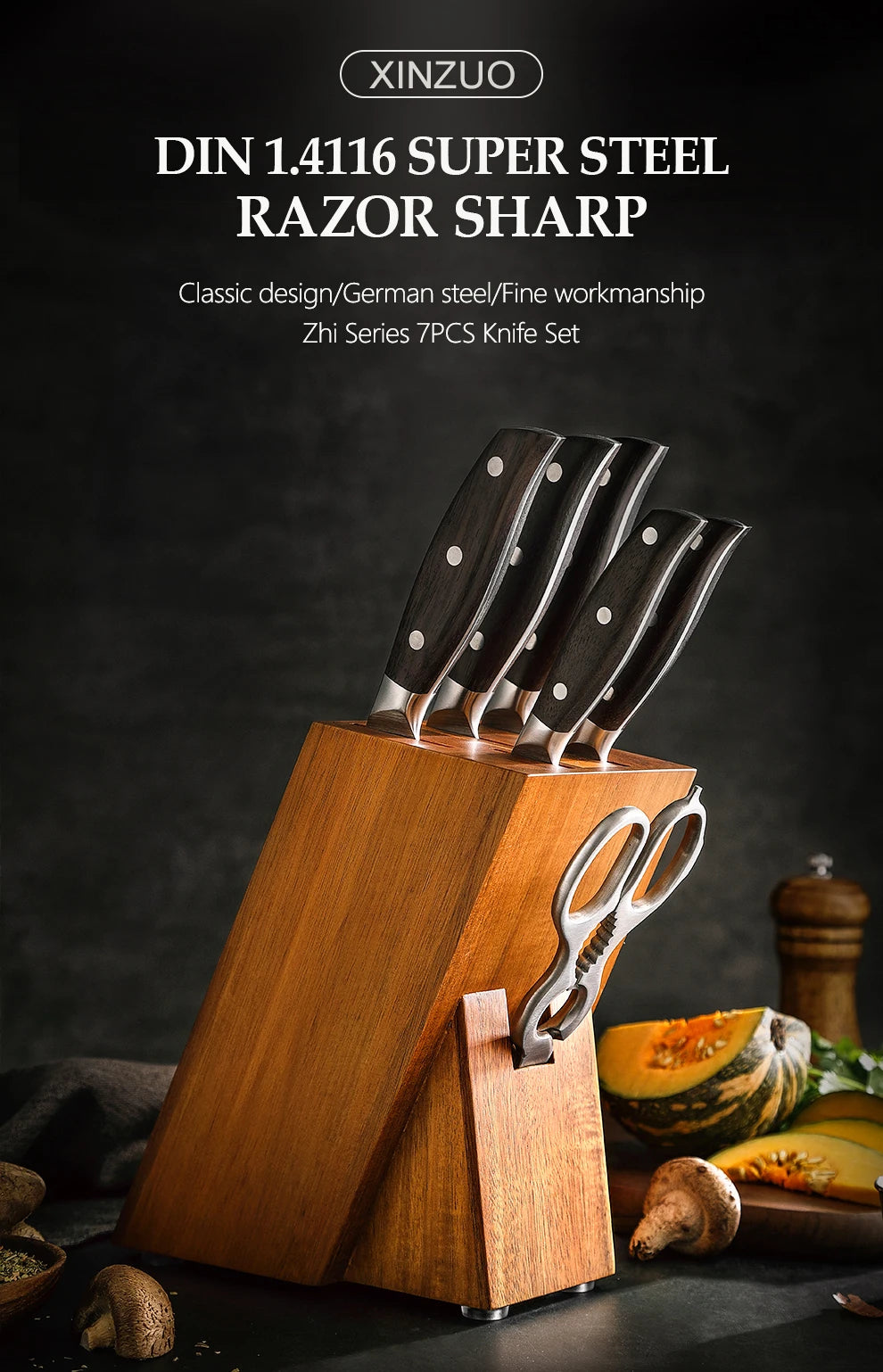 XINZUO Professional Full 7 PCS Knife Set German 1.4116 Stainless Steel Kitchen Knives Sets Best Kitchen Slicing Santoku Tool