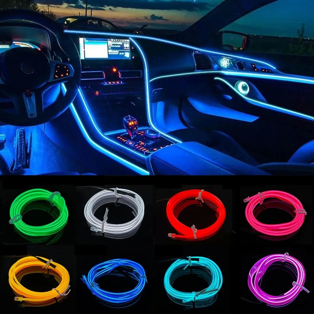 10M/5M/3M Neon LED Car Interior Decorative Lamps Strips USB Drive For DIY Decorative Dashboard Console Ambient Light Cold Light