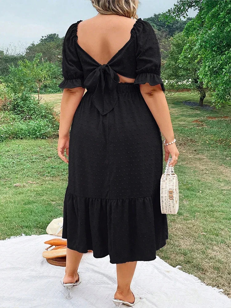 Plus Size Women's Pure Color Wrap Ruffle Hem Midi Dress Square Neck Backless Short Sleeve Dress Elegant temperament