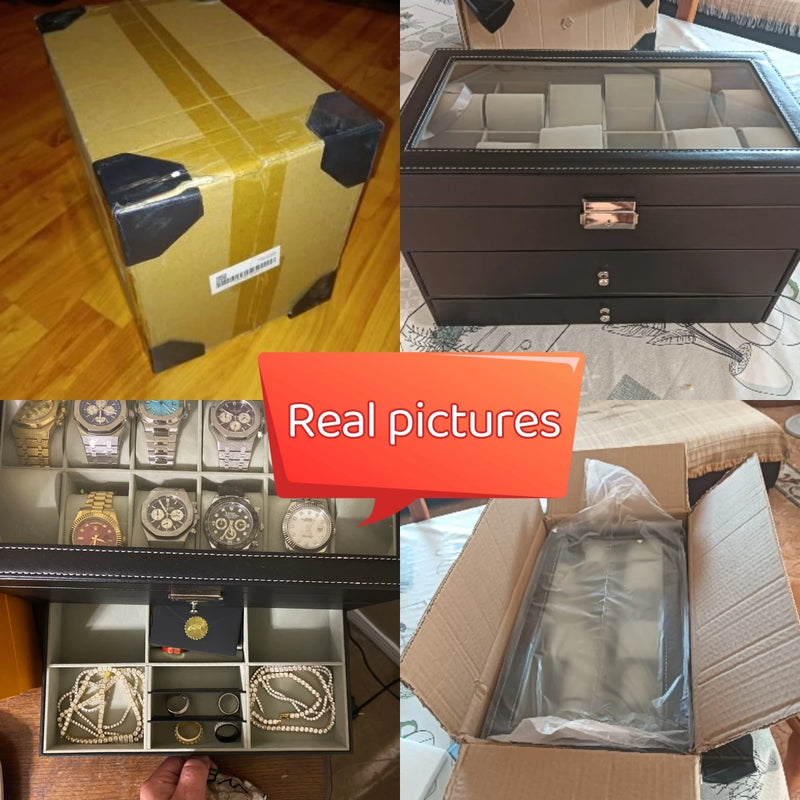 Caja de 3 capas de cuero negro para reloj y gafas de sol, joyero para hombre y mujer, organizador de reloj, collar, anillo, almacenamiento de pendientes