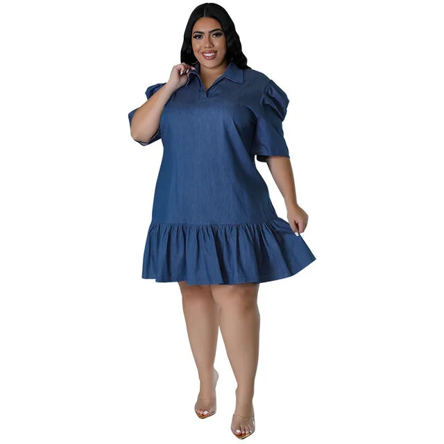 Vestido feminino de manga curta com lapela, estilo babados, vestidos casuais soltos, plus size, 3XL, 4XL, 5XL, Novo, 2024
