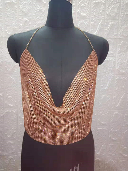 Camisola ClubWear para mujer, ropa de calle Y2k, top corto con lentejuelas metálicas, espalda descubierta, cinturón acolchado, top halter ajustable