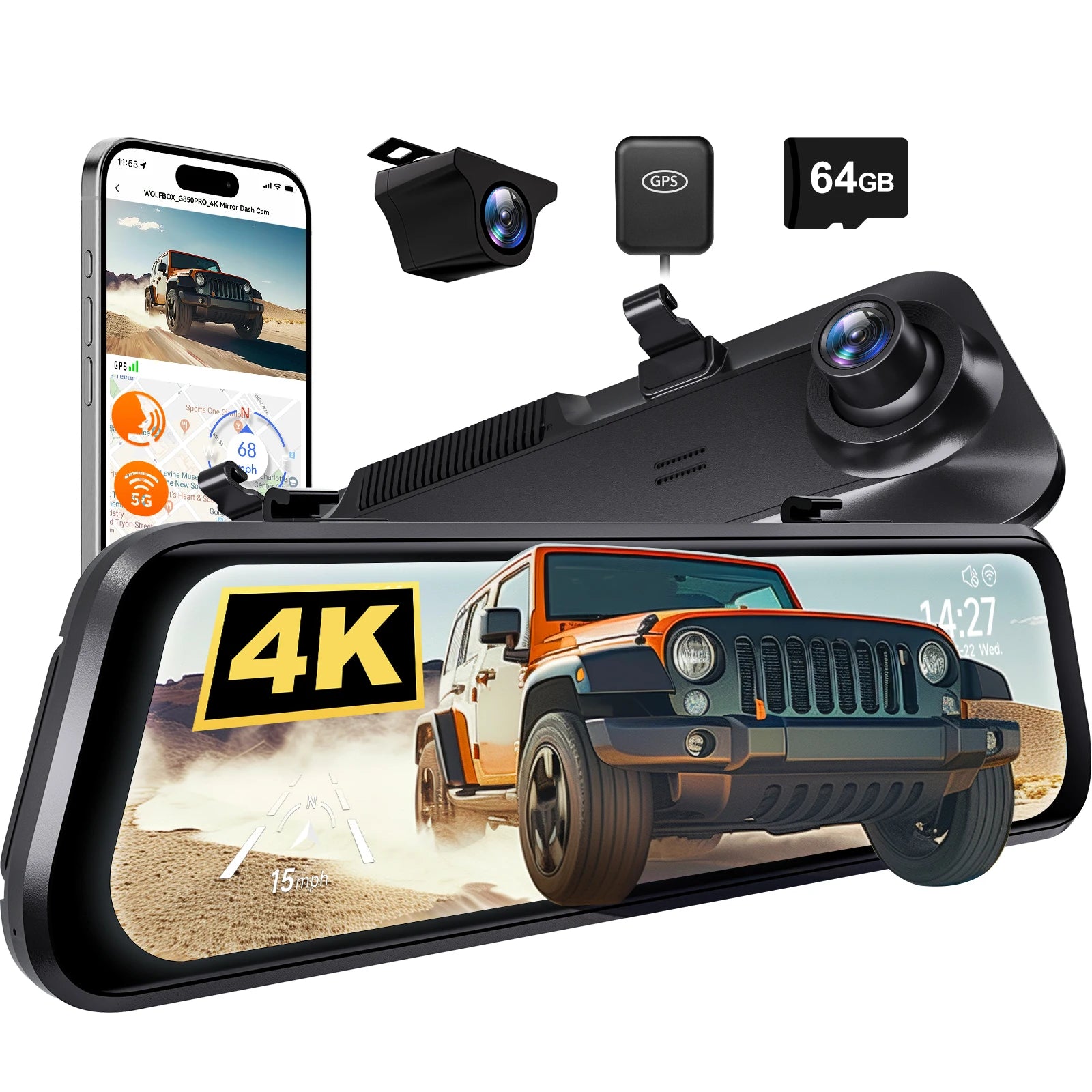 WOLFBOX G850 PRO 4K WiFi Mirror Dash Cam with ADAS and BSD 5.8GHz WiFi Voice Control Car DVR Rearview Mirror 12inch