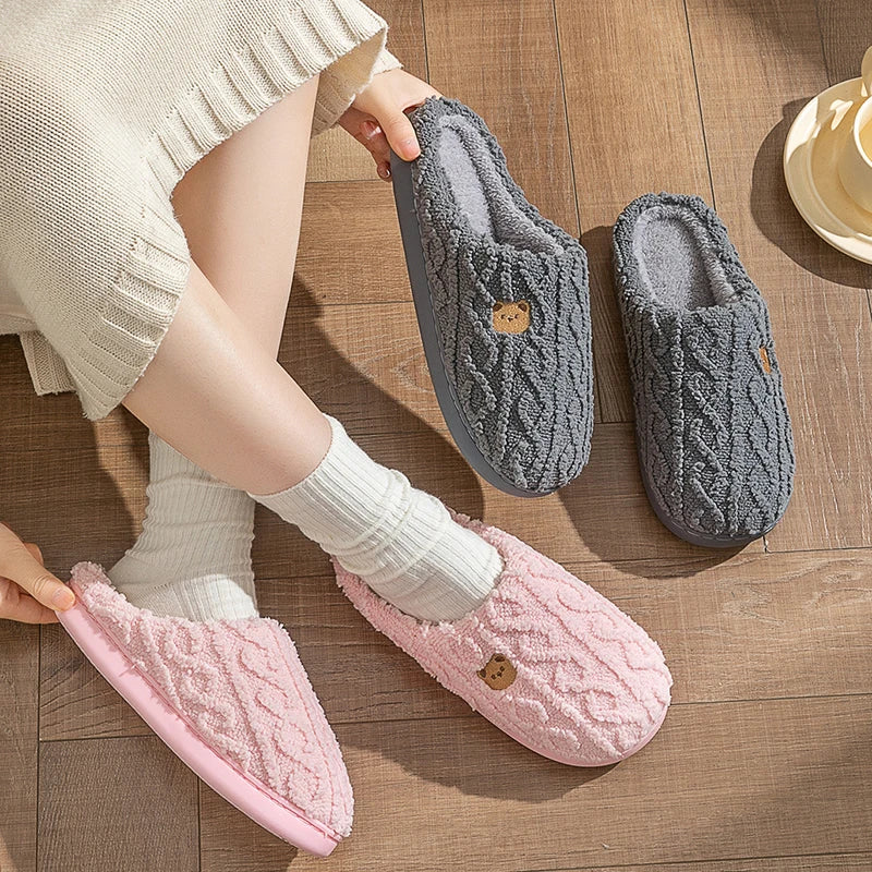 Zapatillas de casa lisas con diseño de rayas para mujer, zapatos de algodón antideslizantes con suela suave, Zapatillas de felpa suaves y cálidas para interiores, Invierno 2024