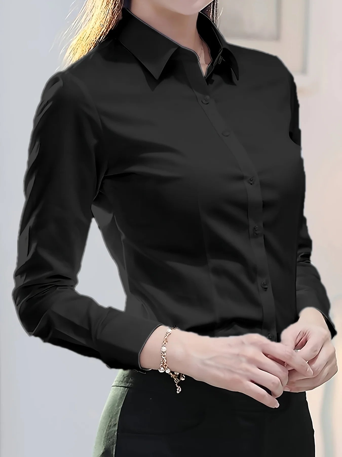 Elegant All-Season Solid Shirt Slim Button Tops Fashion White Shirt Turn-down Collar Women's Long Sleeve Blouse