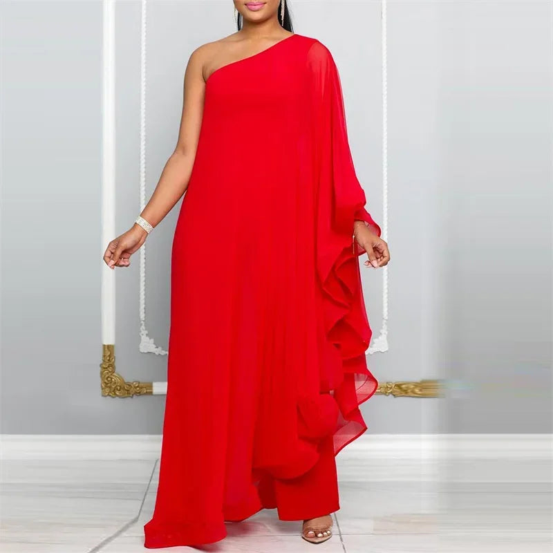 Elegant Chiffon One Shoulder Wide Leg Jumpsuit Women Club Party Birthday Outfits One Pieces Rompers Overalls Combinaison Femme