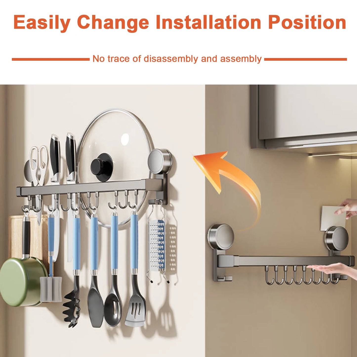 Perchero de cocina de pared con ganchos, sin necesidad de perforar, para colgar utensilios de cocina, cucharas, palas y tablas de cortar.