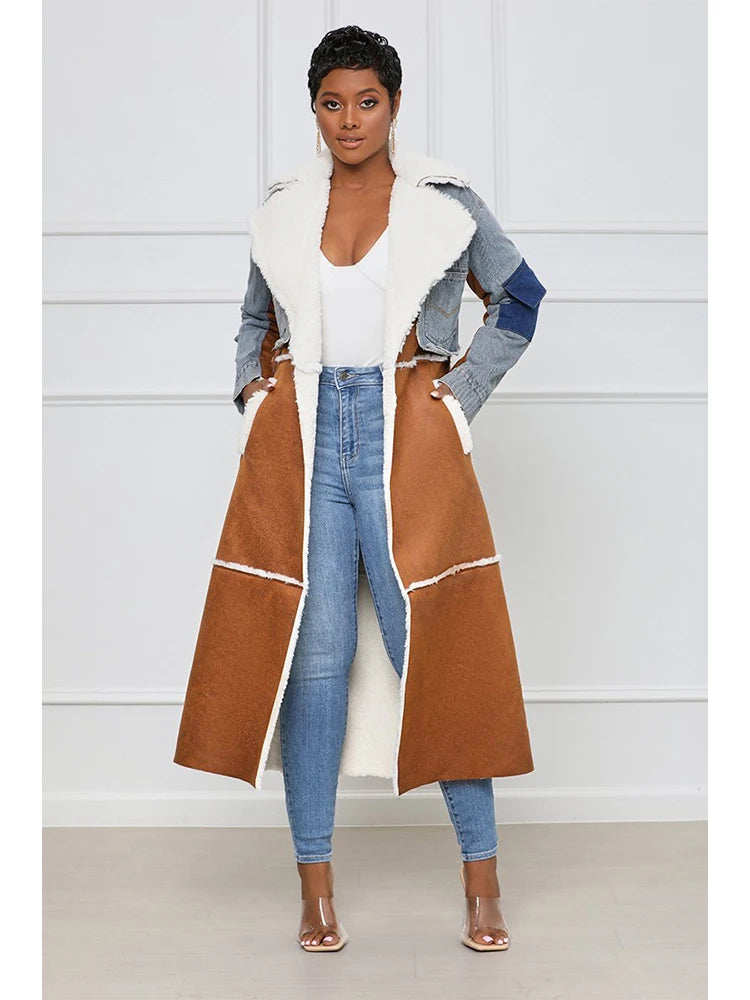Women's Jackets Plus Size Turn-down Collar Temperament Patchwork Denim Lace Up Waist Long Sleeve Overcoat Woolen Coat Female