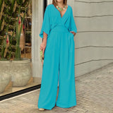 Solid Color Jumpsuits For Woman Jumpsuit Women's Clothing Temperament Simple Style Casual V-link Loose Tighten The Waist Elegant