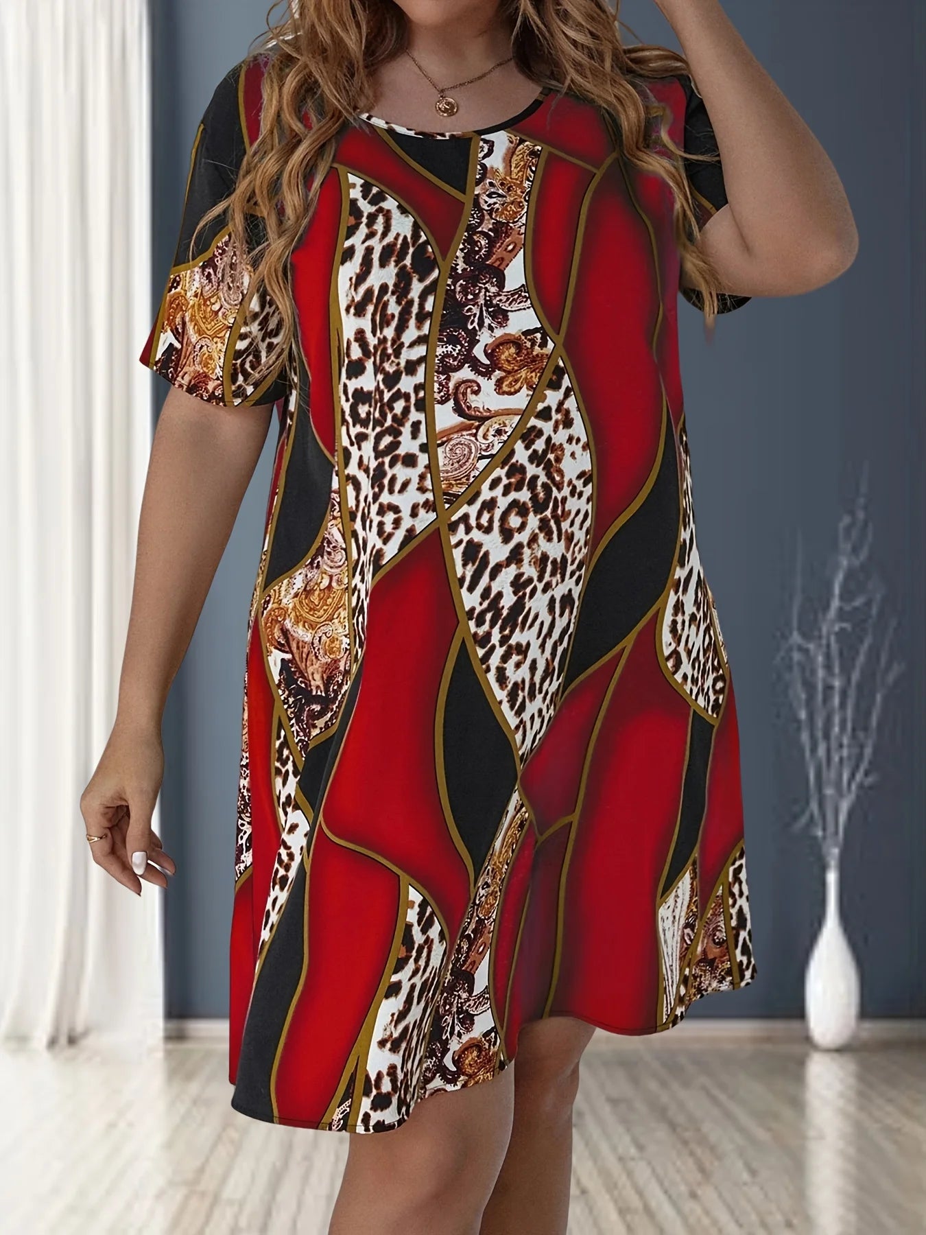 Plus Size Leopard Print Loose Dress, Casual Short Sleeve Dress For Spring &amp; Summer, Women's Plus Size Clothing