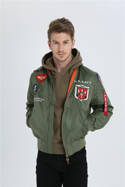 High Quality Military Fashion Casual Boy Youth Lightweight Top Gun Patch Embriodey Streetwear Ma1 Satin Flight Bomber Jacket Men