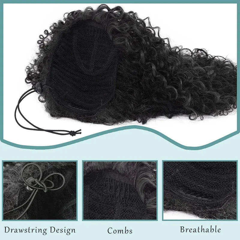 Extensão de rabo de cavalo com cordão sintético, encaracolado profundo, resistente ao calor, clipe instantâneo, afro, peças de cabelo encaracolado para mulheres