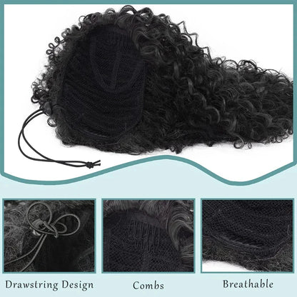 Extensão de rabo de cavalo com cordão sintético, encaracolado profundo, resistente ao calor, clipe instantâneo, afro, peças de cabelo encaracolado para mulheres