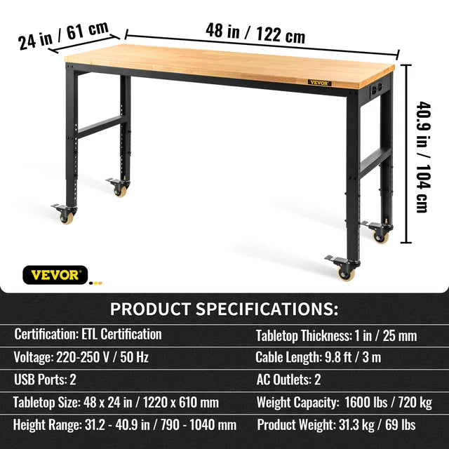 VEVOR Heavy Duty Workbench 72cm Adjustable Height Oak Wood Top Work Table 900kg Load Capacity for Office Home Workshop 