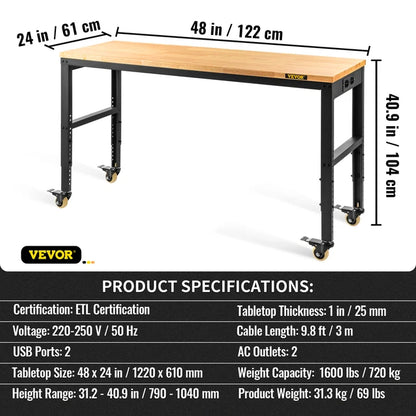 VEVOR Heavy Duty Workbench 72cm Adjustable Height Oak Wood Top Work Table 900kg Load Capacity for Office Home Workshop 