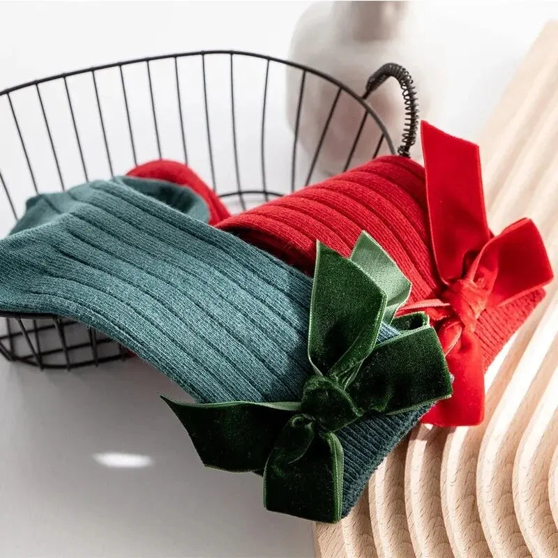 2 par/lote de calcetines de Navidad para bebés y niñas, calcetín largo hasta la rodilla con lazo grande para niños pequeños, calcetines rojos de algodón suave para recién nacidos de 0 a 5 años