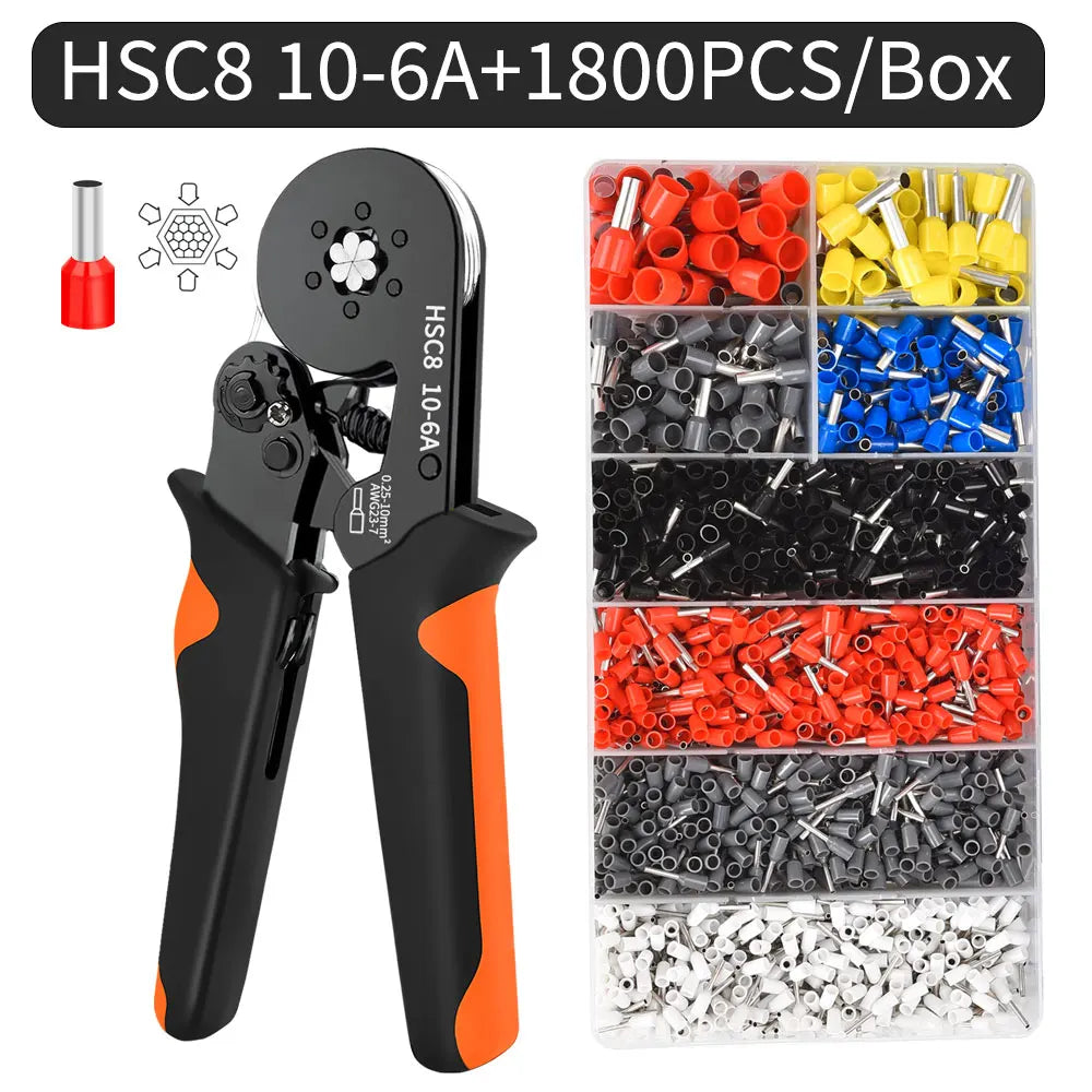 Hexagonal Self-Adjustable Ratchet Ferrule Crimping Tool Kit 23-7AWG 0.25-10mm² Crimper Kit with Ferrule Sleeves Wire Terminals