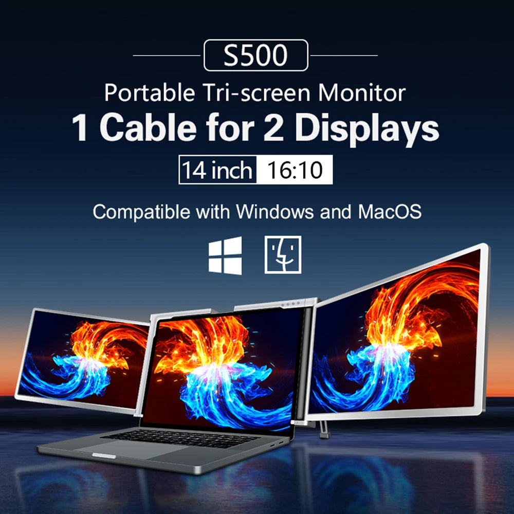 14 inches Laptop Expansion Screen FHD Portable Tri-screen Monitor with 1 Cable for 2 Displays for Windows MacOS for 15-17.3 inch