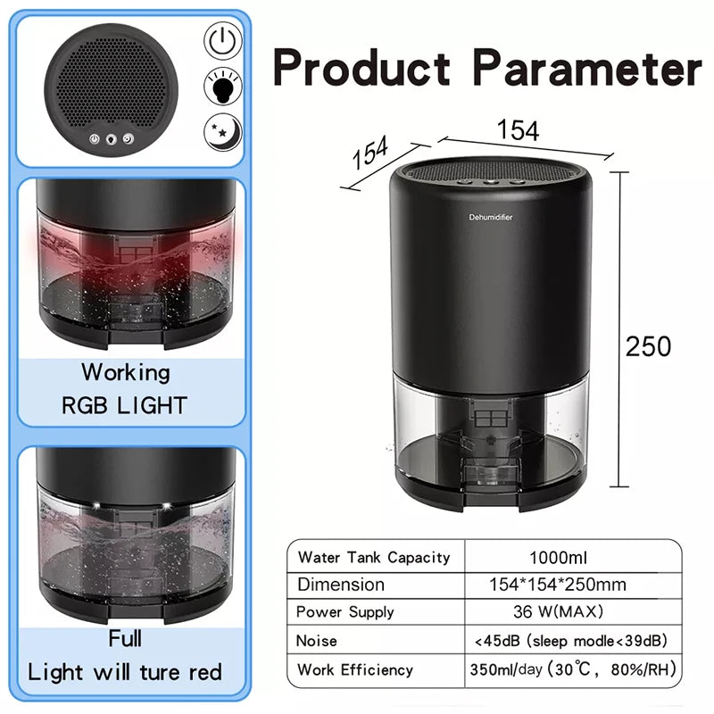 Electric Dehumidifier Moisture Absorbers Air Dryer With 1000ml Water Tank Quiet Air Home Dehumidifier For Bedroom Wardrobe