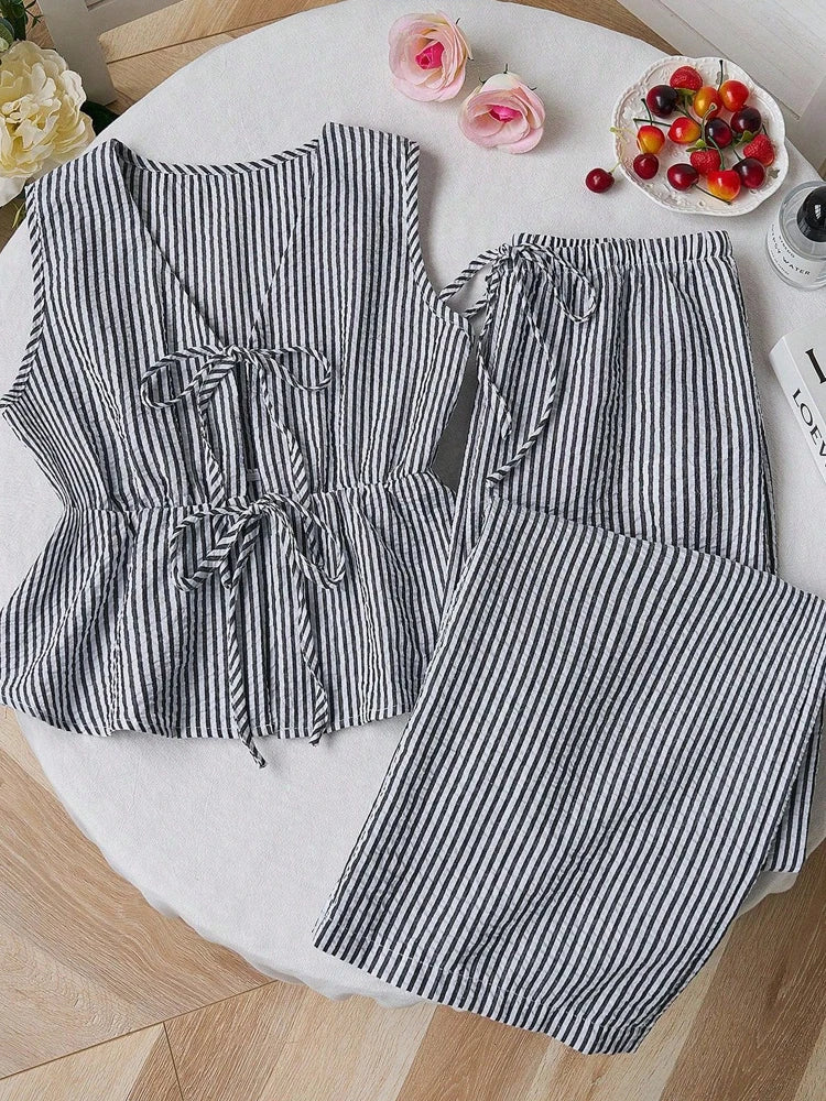 Women's Sets Two 2pcs Sale Summer V Neck Sleeveless Lace Up Vests&High Elastic Waist Striped Wide Leg Pant Suits OUYW-25014