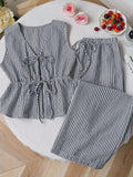 Women's Sets Two 2pcs Sale Summer V Neck Sleeveless Lace Up Vests&High Elastic Waist Striped Wide Leg Pant Suits OUYW-25014