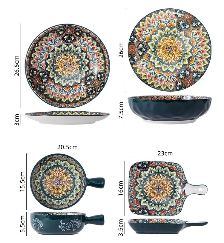 1Pcs Bohemia Retro Ceramic Dinner Plates Sets Food Plate Household Tableware Set Breakfast Plates Salad Soup Bowls Dinnerware