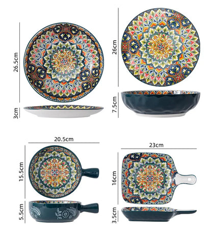 1Pcs Bohemia Retro Ceramic Dinner Plates Sets Food Plate Household Tableware Set Breakfast Plates Salad Soup Bowls Dinnerware