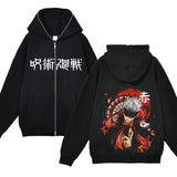 Chaquetas con cremallera de Anime Gojo Satoru, sudadera con capucha de forro polar fino, sudaderas con cremallera Y2K, Jujutsu Kaisen 