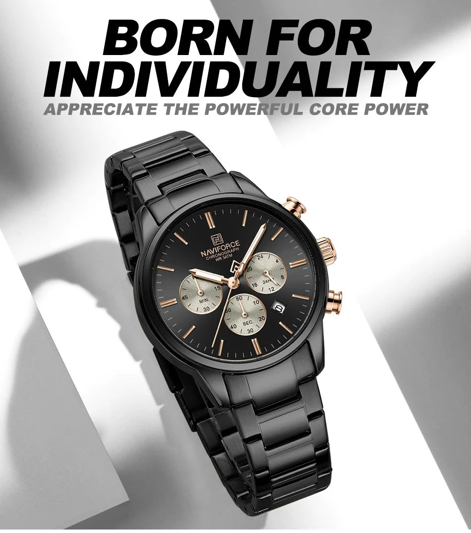 NAVIFORCE NF8076 Sports Watches for Men Stainless Steel Strap Quartz 3ATM Waterproof Shockproof New Fashionable Watch