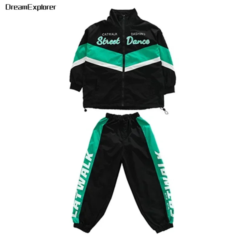 Hip Hop Girls Contrast Bomber Jacket Sport Pants Boys Street Dance Coat Streetwear Kids Jazz Clothes Set Children School Uniform