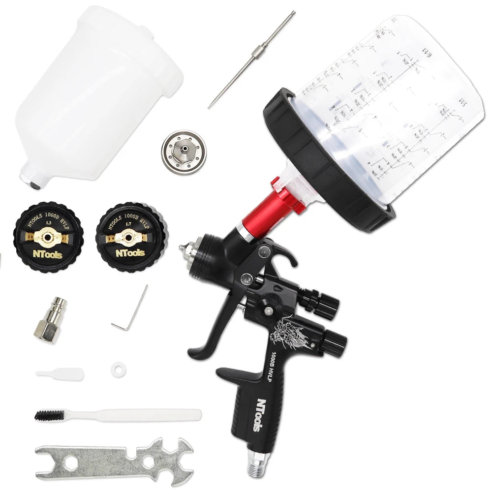 Pistola pulverizadora hvlp com adaptador e tanque misto, pistolas de pintura para reparo de carro, bico de 1.3 e 1.7mm para pintura, pistola de ar à base de água