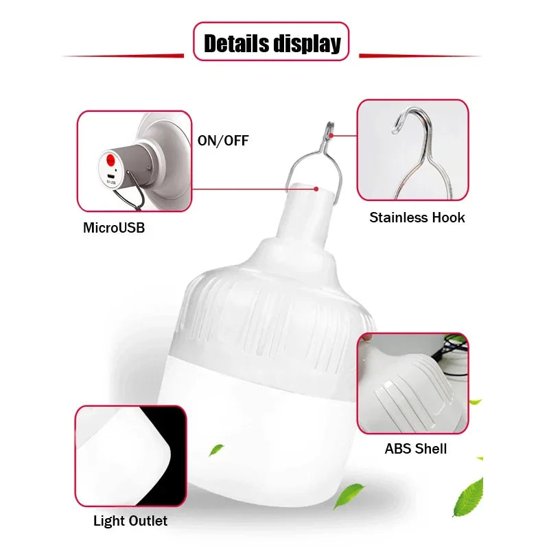 USB recarregável LED lâmpada de emergência, lanternas portáteis ao ar livre com gancho, Camping Light, BBQ tendas, bateria bulbo, 1 Pc, 2 Pcs, 4 Pcs, 6 Pcs, 8 Pcs, 10Pcs