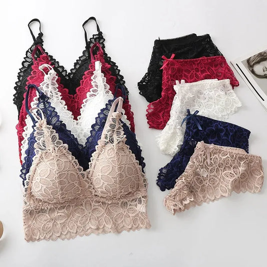 Conjunto de ropa interior de encaje sexy para mujer, sujetador sin costuras y sin aros, conjuntos de sujetador y bragas ahuecados para mujer, lencería íntima bordada