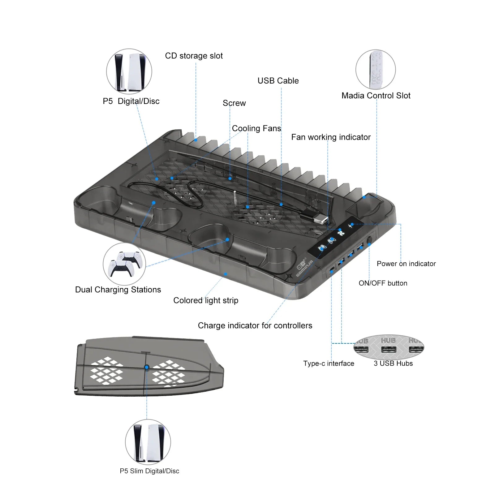 GAMINJA Host Heat Dissipation Base For PS5 With 7 Color Light Effect Headphone Hook Game Disc Storage Rack Handle Charging Stand