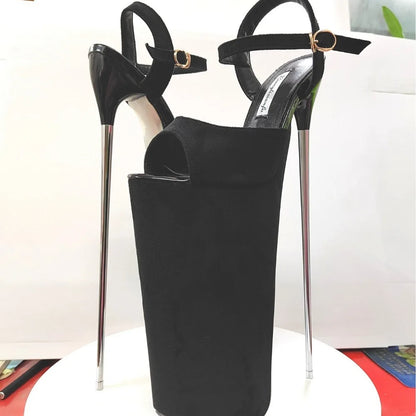 New Super High Thin Heels 30 Cm Steel Heels Large Size Women's Sandals Suede Black Buckle Sky-high Sexy Shoes platform sandals