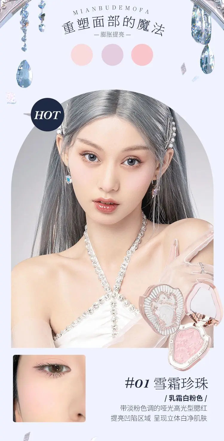 Paleta de rubor con relieve Unicorn de Flower Knows, de larga duración y fácil de aplicar, mate, natural, iluminador, rubor voluminoso, maquillaje.