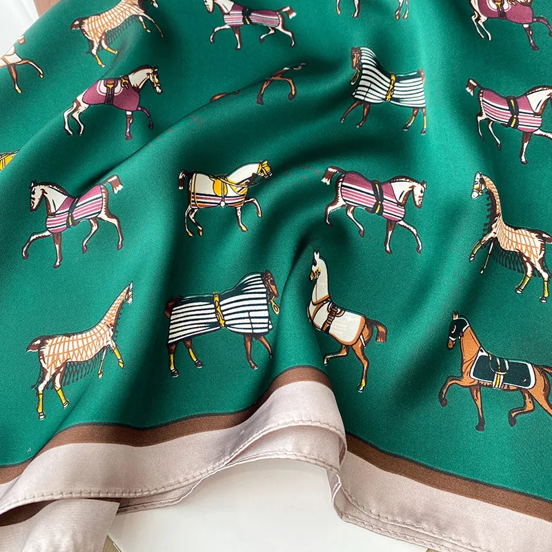 2024 Horse Print Female Silk Neck Scarf Square Hair Scarves Foulard Head Band Shawls Wraps Neckerchief Bandana Women