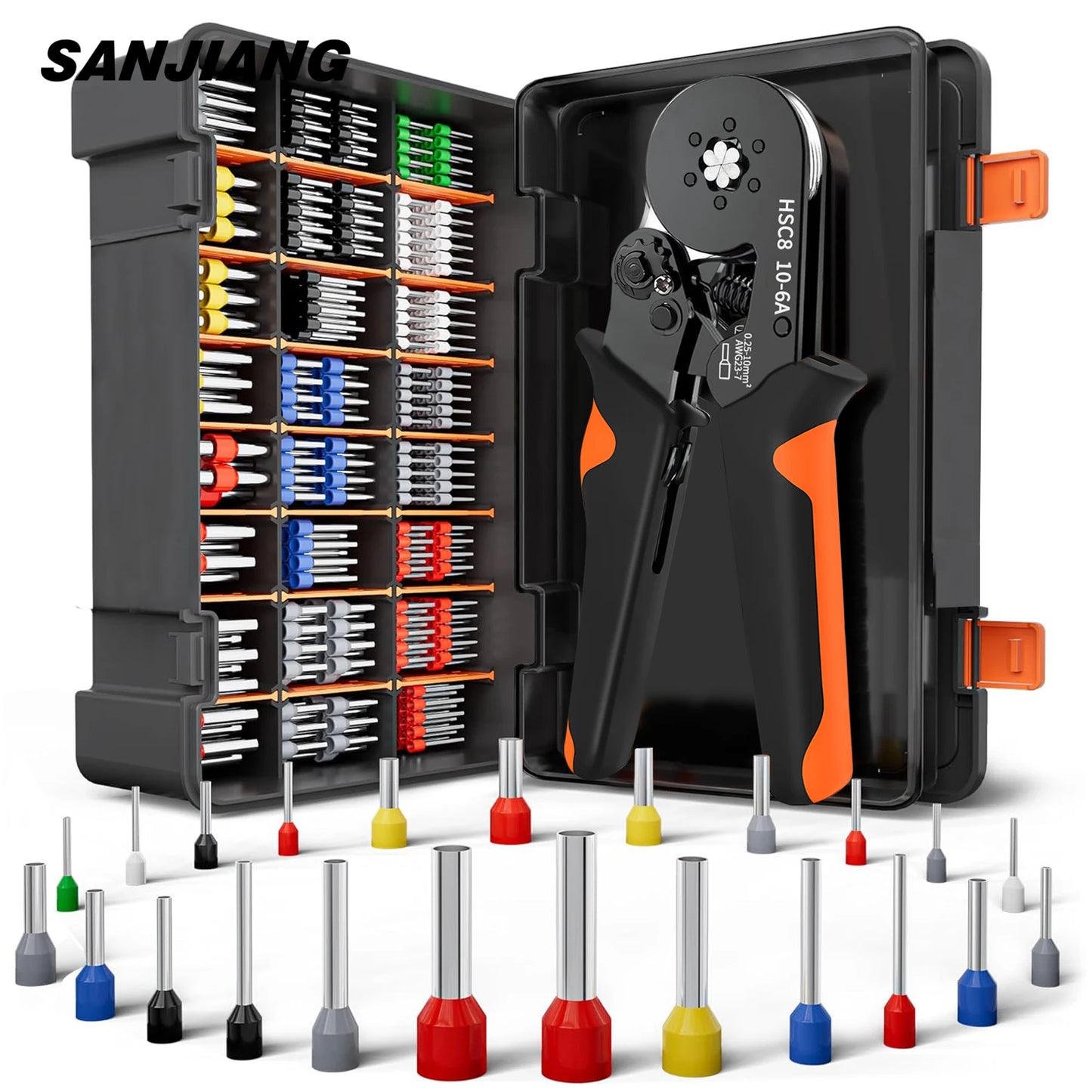 Kit de crimpadora de casquillos hexagonales autoajustables con trinquete, 23-7 AWG, 0,25-10 mm², con terminales de cable y casquillos