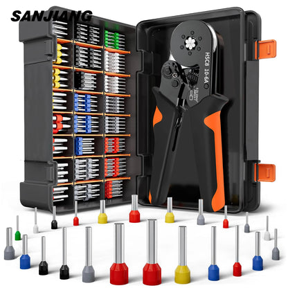 Kit de crimpadora de casquillos hexagonales autoajustables con trinquete, 23-7 AWG, 0,25-10 mm², con terminales de cable y casquillos