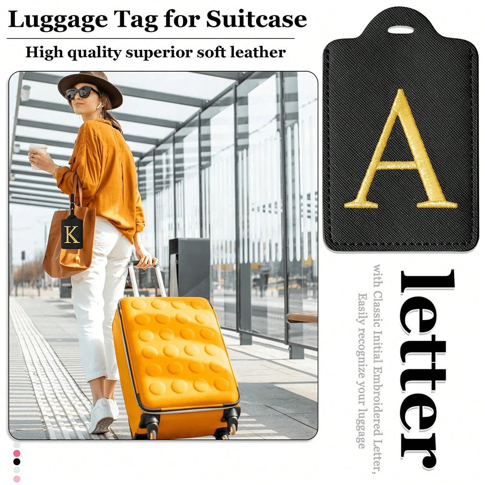 PU Leather Luggage Tag for Travel - Durable Suitcase ID Tag with Privacy Cover & Name Card Slot (A-Z) liu