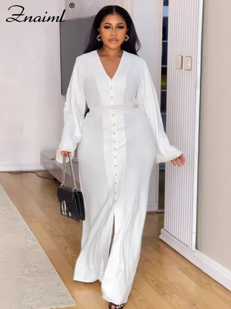 Znaiml Elegant Office Lady White Dresses V Neck Long Sleeve Single Breasted Button Slit Dress Women Fall Birthday Party Clubwear