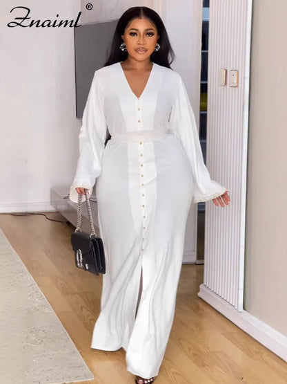 Znaiml Elegant Office Lady White Dresses V Neck Long Sleeve Single Breasted Button Slit Dress Women Fall Birthday Party Clubwear