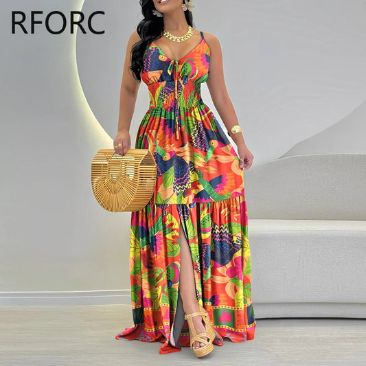 2024 Women All Over Print Spaghetti Straps Ruffle Hem Silt Maxi Casual Vacation Party Dress