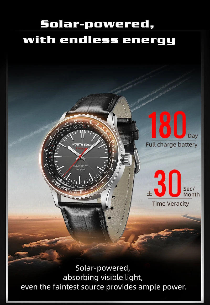 Reloj NORTH EDGE EVOQUE 3 Pilot Series para hombre, de aviación, militar, con energía solar, correa de cuero, caja luminosa de acero inoxidable.