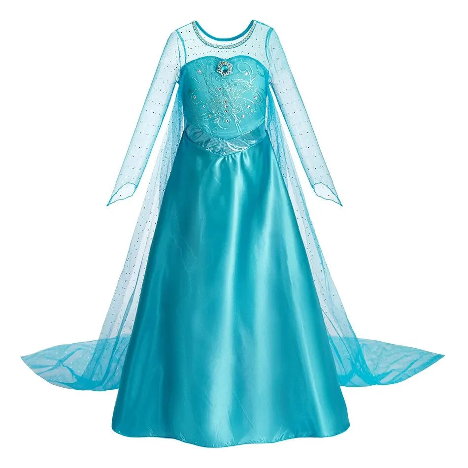 Vestido da Elsa para Halloween – Fantasia de Princesa e Capa Longa para Meninas (Roupa de Carnaval / Rainha da Neve)