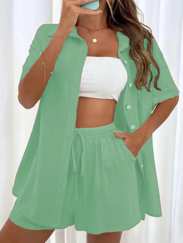 2 Pieces Women Sets Summer Solid Color Short Sleeve Open Stitch Button Blouse+Shorts Casual Women's Set Clothing