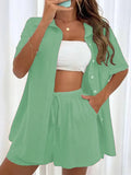 2 Pieces Women Sets Summer Solid Color Short Sleeve Open Stitch Button Blouse+Shorts Casual Women's Set Clothing